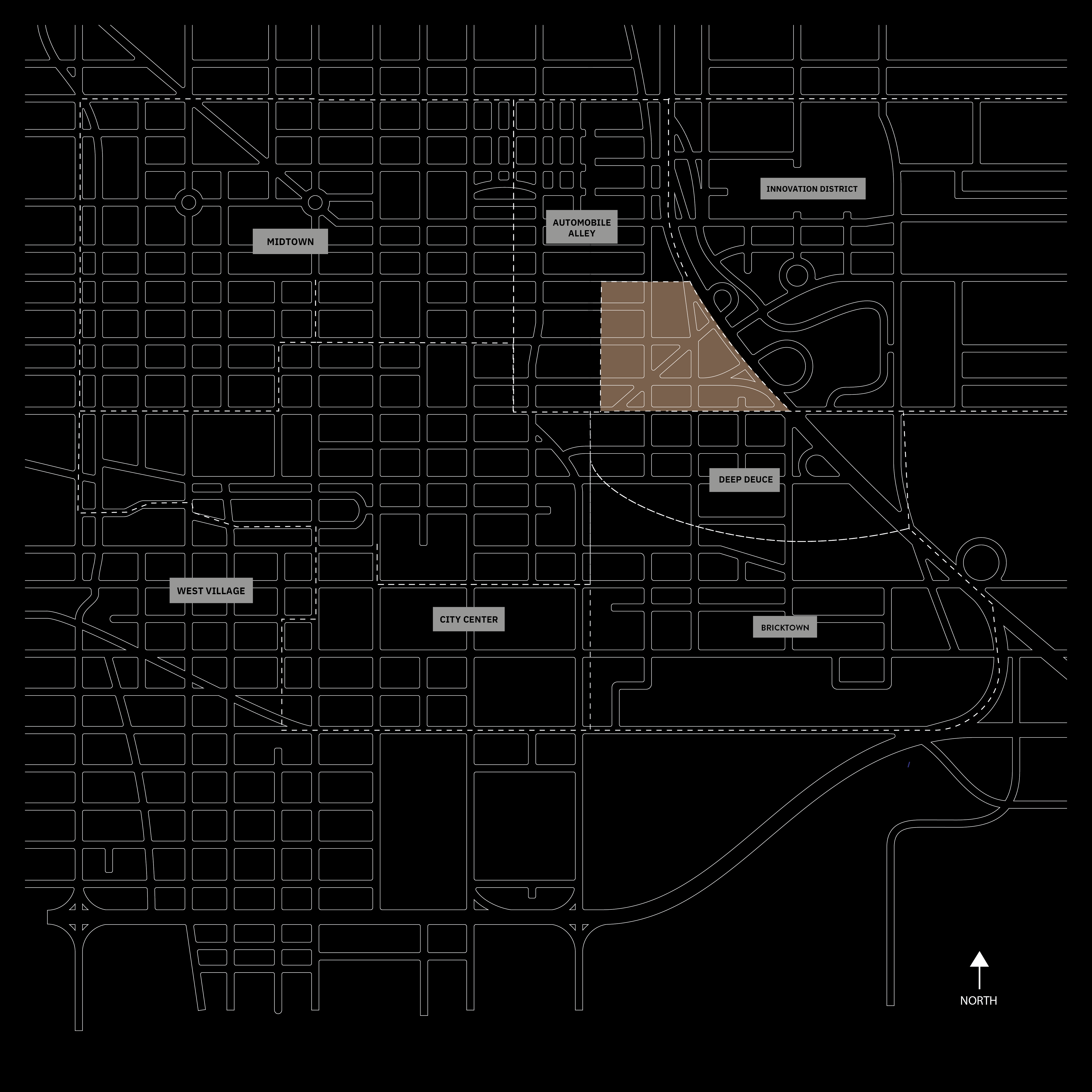 Map showing the Flatiron District within downtown Oklahoma City, surrounded by Automobile Alley, Innovation District, Deep Deuce, and Bricktown